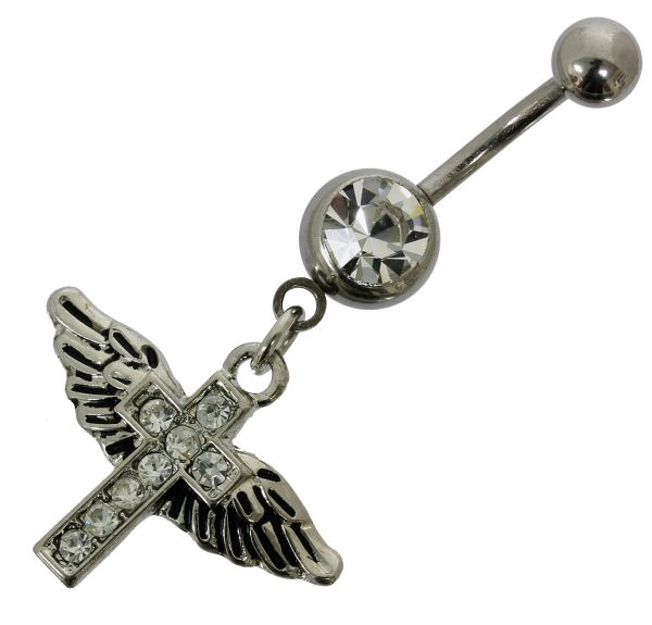 RESTPOSTEN - Bauchnabelpiercing ENGEL - KREUZ MIT FLÜGELN aus Chirurgenstahl mit klaren Kristallen N