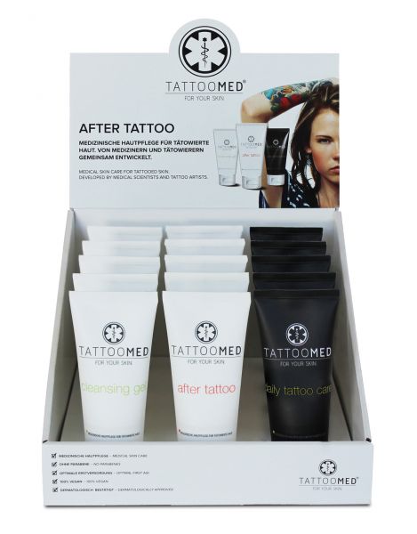 TattooMed® Tischaufsteller mit 3 x 5 100 ml Tuben Tattoopflege Pflegecreme