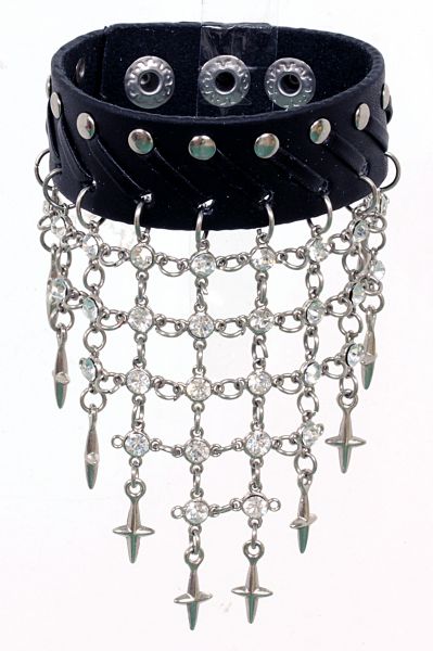 Armband aus schwarzem Leder mit Kreuzen, Kristallen und Druckknopfverschluß Lederarmband