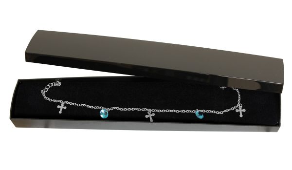 Armband / Fußkettchen KREUZ 316L Chirurgenstahl mit zwei Kristallen BLAU - im Schmuckkästchen