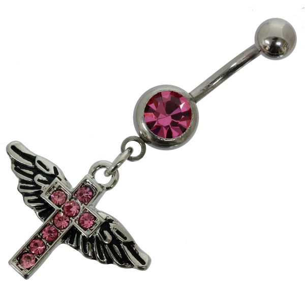 RESTPOSTEN - Bauchnabelpiercing ENGEL - KREUZ MIT FLÜGELN aus Chirurgenstahl mit rosa Kristallen