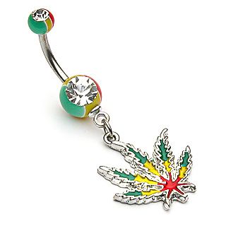 Bauchnabelpiercing JAMAICAN POT LEAF aus 316L Chirurgenstahl - klare Kristalle - Navel Piercing