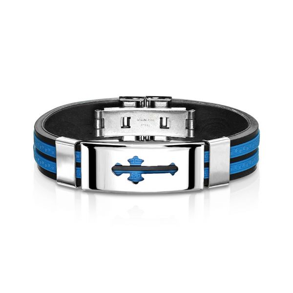 Armband MEDIEVAL CROSS aus blau-schwarzem Kautschuk und Edelstahl 20 cm
