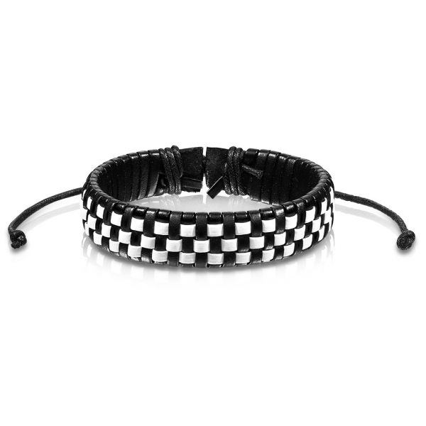 Rockabilly Armband aus Leder schwarz-weiß kariert mit Knotenverschluß Lederarmband