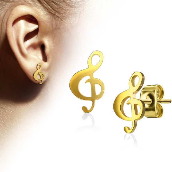 1 Paar Ohrstecker NOTENSCHLÜSSEL in gold aus Chirurgenstahl - Ohrringe für normale Ohrlöcher