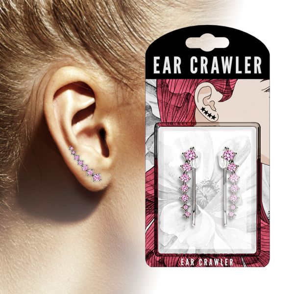 1 Paar Ear Crawler KRISTALLBOGEN aus Rhodium beschichtetem Messing mit rosa Kristallen