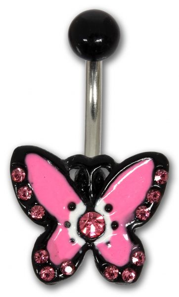 RESTPOSTEN - Bauchnabelpiercing PINK BUTTERFLY aus Chirurgenstahl mit rosa Kristallen Navel Piercing