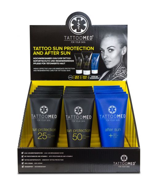 TattooMed® Tischaufsteller mit 3 x 5 100 ml Tuben Sun Protection + After Sun