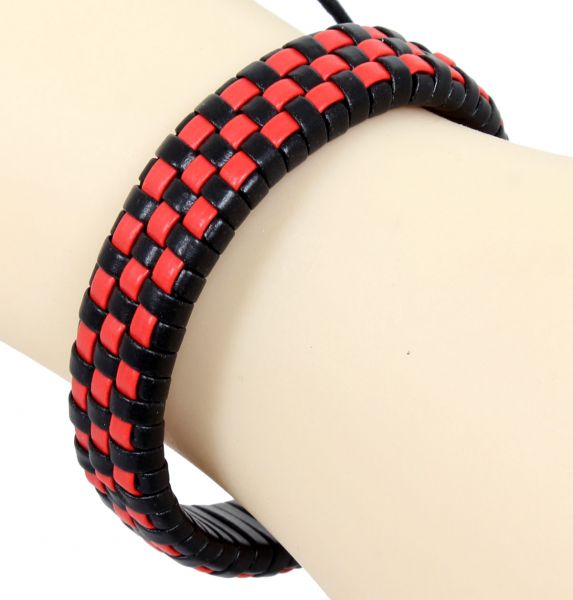 Rockabilly Armband aus Leder schwarz-rot kariert mit Knotenverschluß Lederarmband