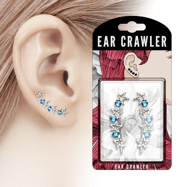 1 Paar Ear Crawler CRYSTAL STAR aus Rhodium beschichtetem Messing mit türkisfarbenen Kristallen